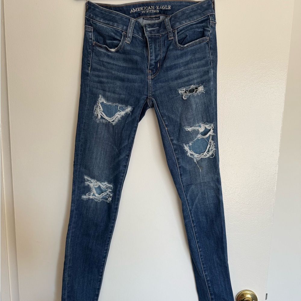 American Eagle Outfitters Women's Dark Blue Ripped Skinny Jeans